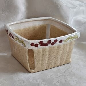 Vintage Ceramic Cranberry Vine Square Berry Basket Colander White Red, 5.5" X 3"